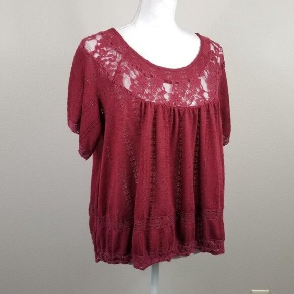 Free People Burgundy Lace Yoke Short Sleeve Crochet Knit Top Womens Size S - Picture 6 of 7